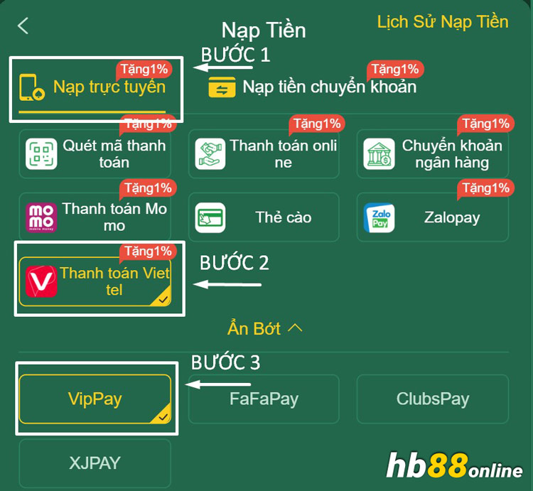 Sử dụng số tiền vay để nạp vào tài khoản HB88