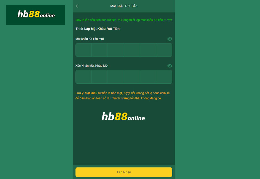 Thiết lập mật khẩu rút tiền HB88