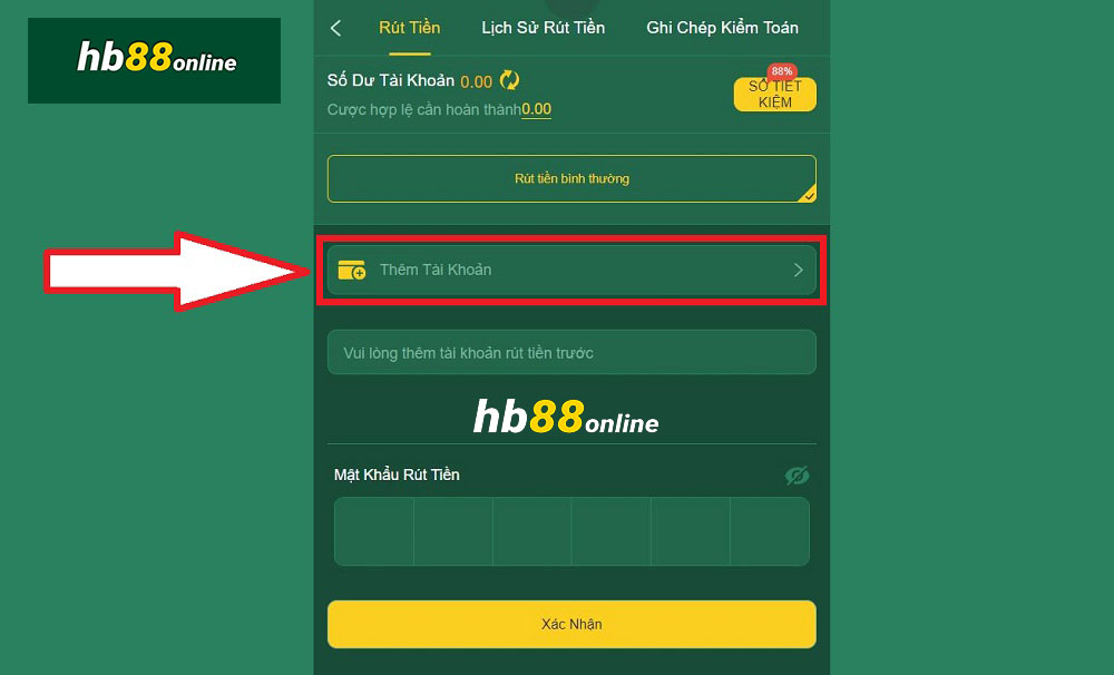 Thêm tài khoản để rút tiền HB88