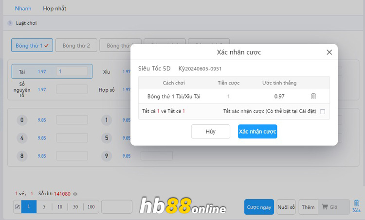 Xác nhận thông tin và đặt cược Xổ số DB trên HB88