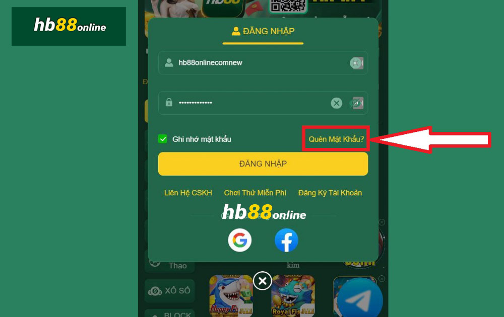 Sử dụng tính năng "Quên mật khẩu" trên trang đăng nhập HB88