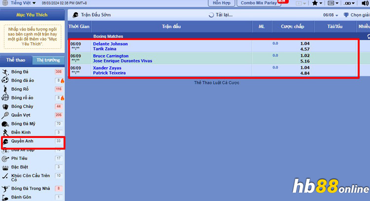 Chọn trận đấu quyền anh muốn cá cược